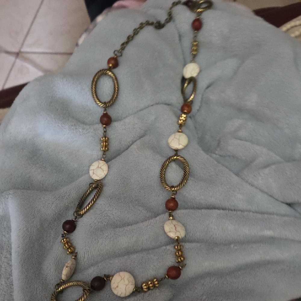Necklace, Elegant Gold and Brown Beaded  17" Long